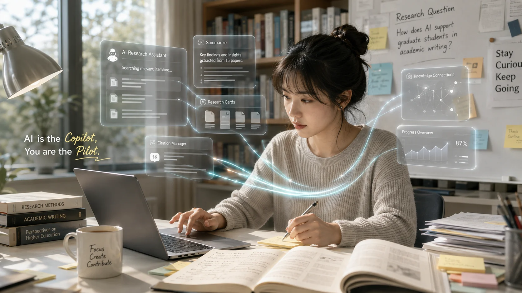 研究生坐在書桌前使用筆電，四周浮現 AI 研究助理的介面卡片：文獻搜尋、重點摘要、研究卡片、引用管理與進度總覽，牆上白板寫著研究問題，畫面左側標示 AI is the Copilot, You are the Pilot