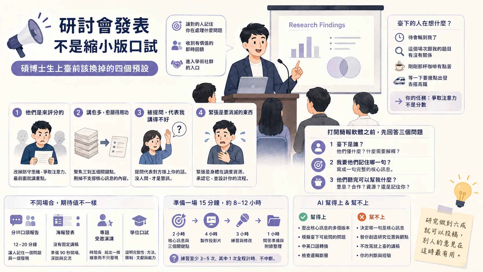 一頁整理研討會發表的四個錯誤預設、上臺前要回答的三個問題、不同場合的期待值對照，以及 15 分鐘報告的準備時間分配與 AI 幫得上幫不上的範圍