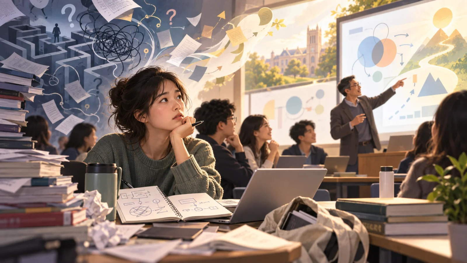插畫:一位研究生在研究所課堂上托著下巴望向前方,桌上堆滿書本、揉皺的紙團與畫著概念圖的筆記本,她身後是迷宮、糾結的線團與漫天飛舞的問號和紙張;講臺前的教授指著投影幕上的圖表與通往山頂的小路,窗外是陽光下的校園建築