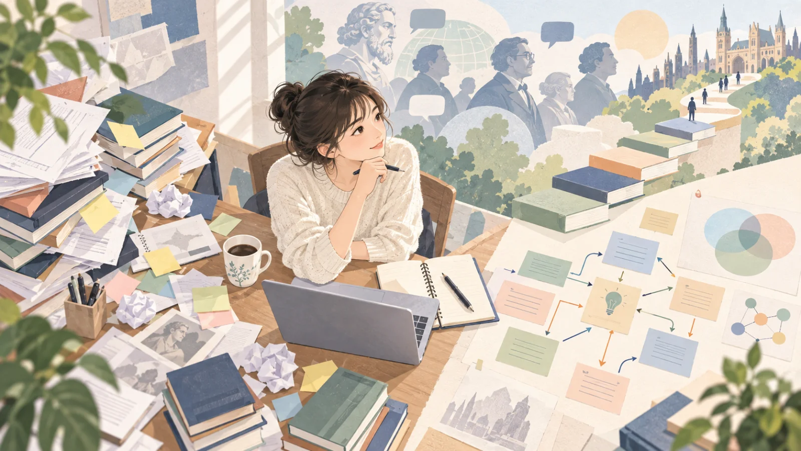水彩插畫:一位研究生托著下巴坐在堆滿書本、筆記與便利貼的書桌前思考,背景是由古代哲人雕像到近代學者的人物剪影與對話框,一排書本堆成的階梯通往遠方的大學建築,右側桌面攤開一張用箭頭連接卡片、中央是燈泡的概念圖