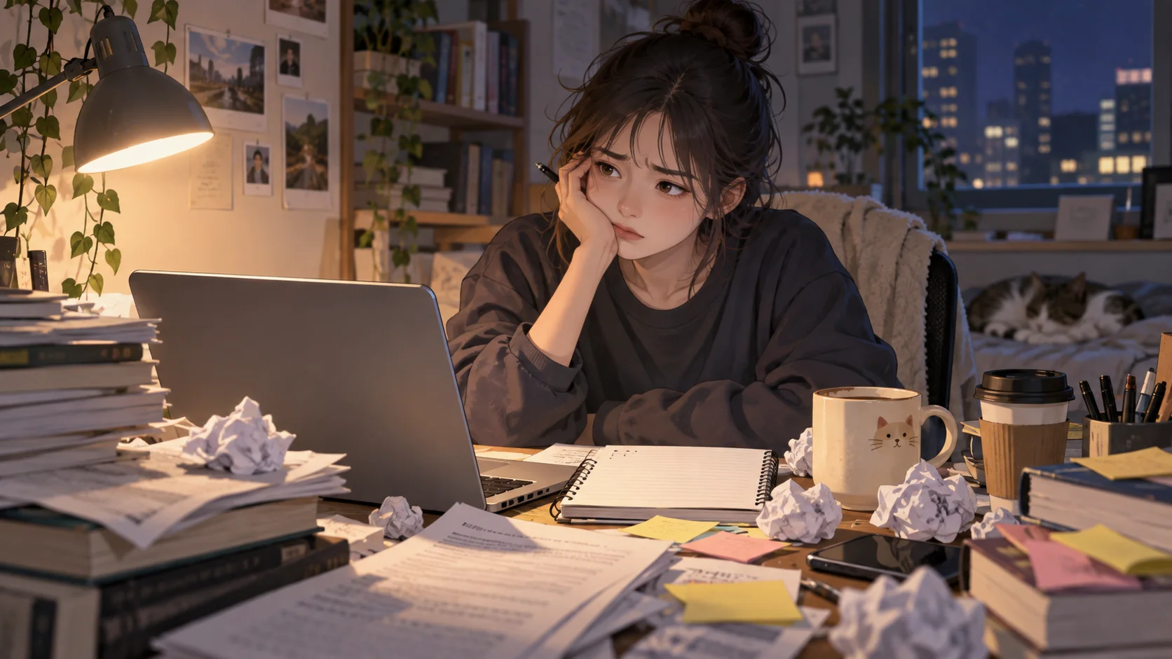 插畫:深夜書桌前的研究生盯著筆電上幾乎空白的論文檔案,桌面堆著參考書、便利貼與涼掉的咖啡,牆上的時鐘指向十點,窗外一片暗藍