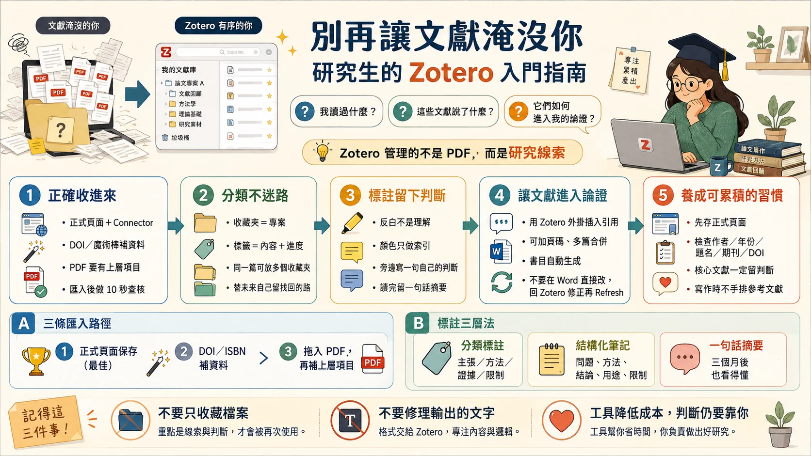 全文重點總覽圖:從正確收進來、分類不迷路、標註留下判斷、讓文獻進入論證,到養成可累積的習慣,五個階段橫向排列,下方補上三條匯入路徑與標註三層法