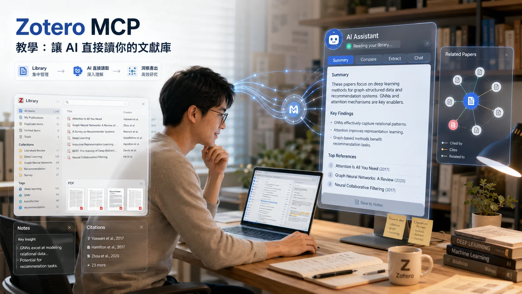 研究者坐在書桌前,左側是 Zotero 文獻庫的分類與 PDF 清單,右側是 AI 助理視窗,正在讀取文獻庫並產出摘要、關鍵發現與相關文獻網絡圖